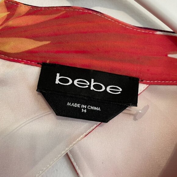 BEBE Long Sleeve Natalie Dress Royal Palm Floral Tropical Bell Sleeve 14 NO BELT - Picture 3 of 16